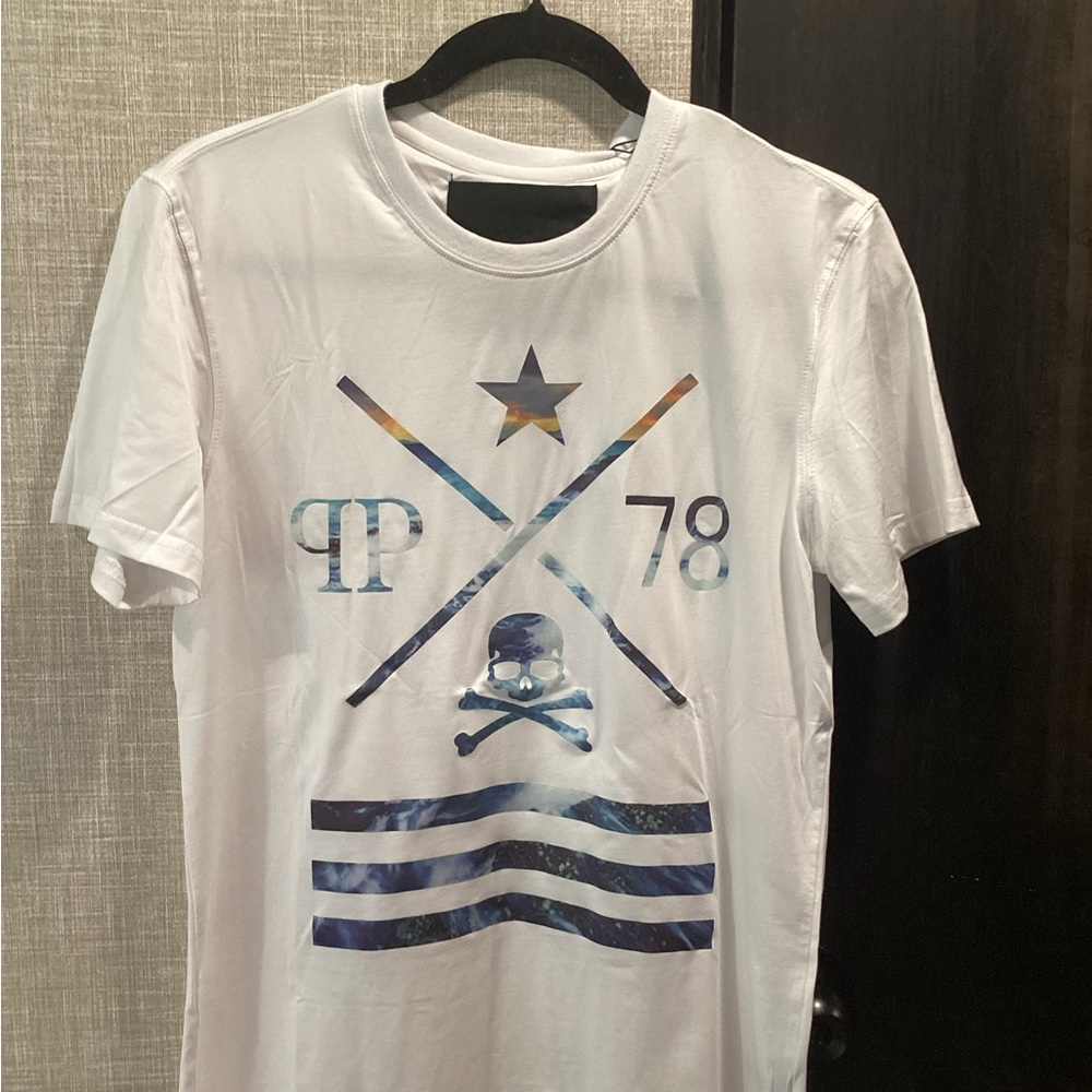 NWT! Philipp Plein White Graphic Tee with Blue Accents Limited Edition